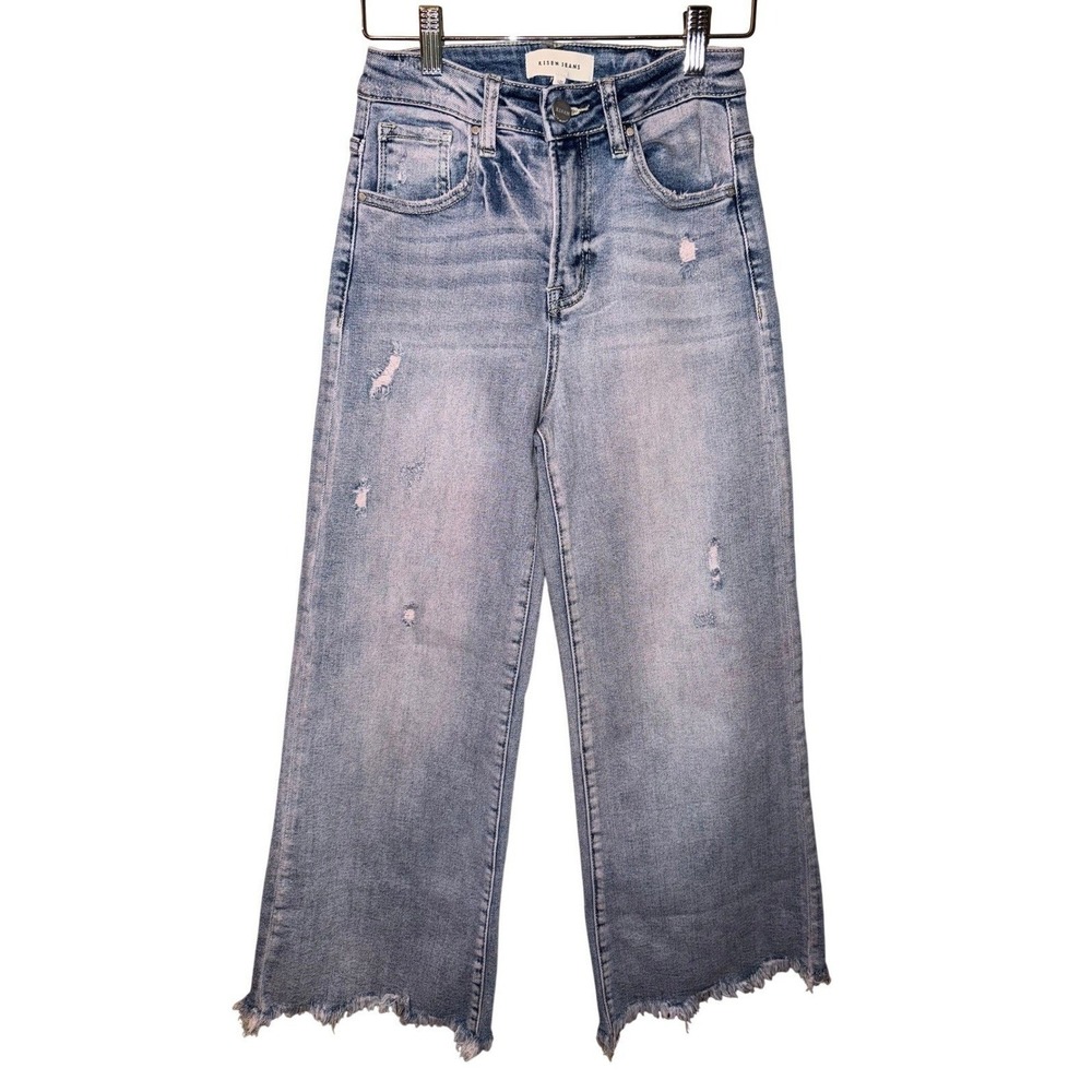 Risen Jeans Womens 25 Wide Leg Crop Distressed Raw Hem Fray Light Wash Pink Tint